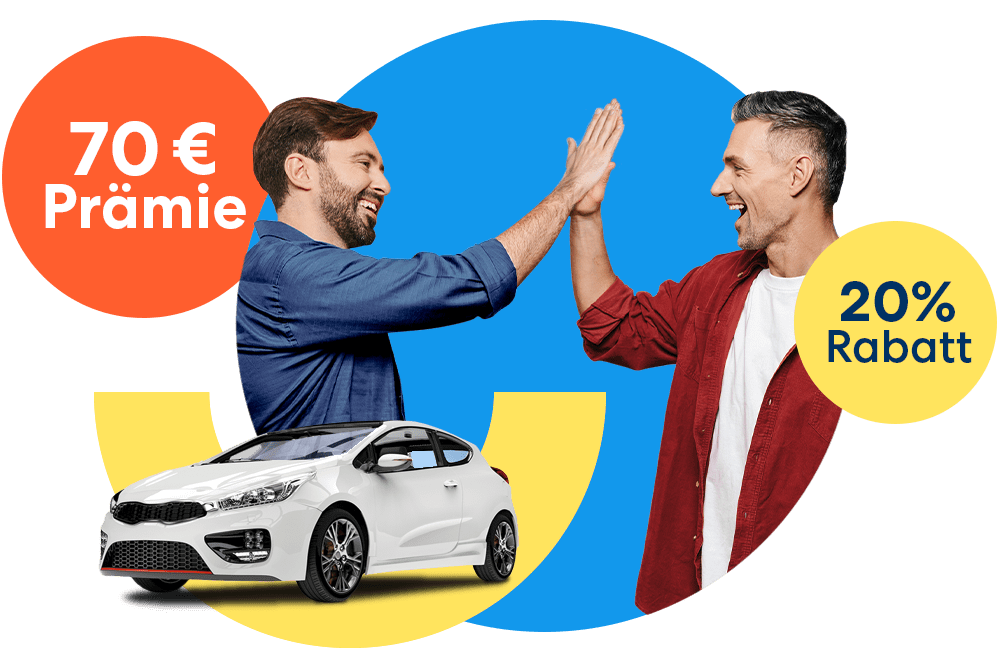Zwei Männer, die sich abklatschen neben einem weißen Auto und einem orangen 70 € Prämie Störer und einem gelben 20 % Rabatt Störer