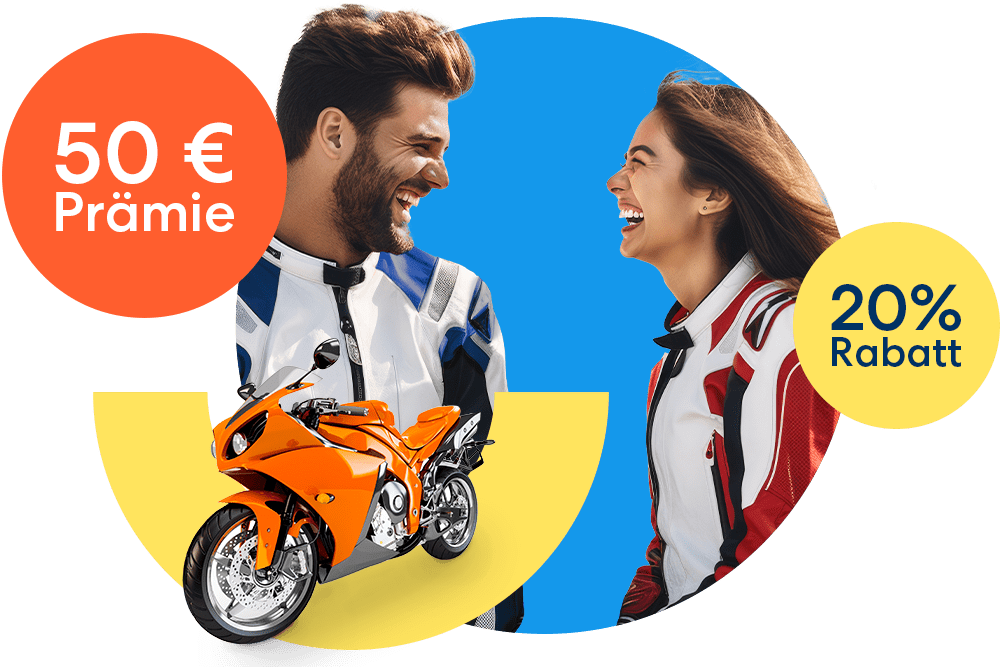 Ein lachender Mann und eine lachende Frau neben einem orangen Motorrad und einem 50 € Prämie Störer sowie einem gelben 20 % Rabatt Störer