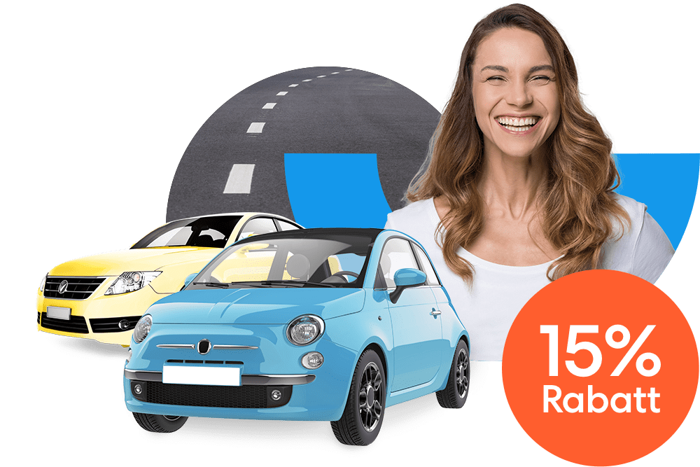 Lachende Frau neben einem gelbem Auto und einem hellblauen Kleinwagen und einem orangen 15 % Prozent Rabatt Störer