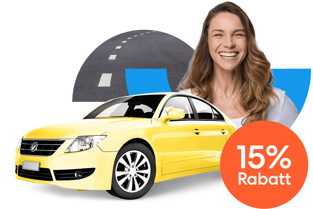 Lachende Frau neben einem gelbem Auto und einem orangen 15 % Prozent Rabatt Störer