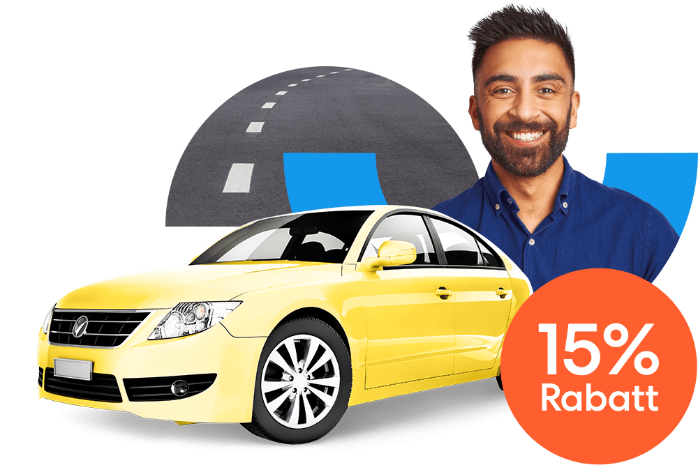 Lächelnder Mann neben einem gelbem Auto und einem orangen 15 % Prozent Rabatt Störer