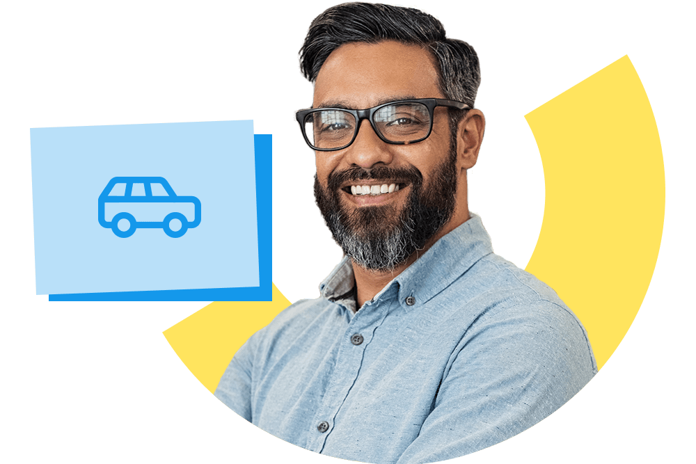 Lachender Mann neben einem blauen Auto Icon