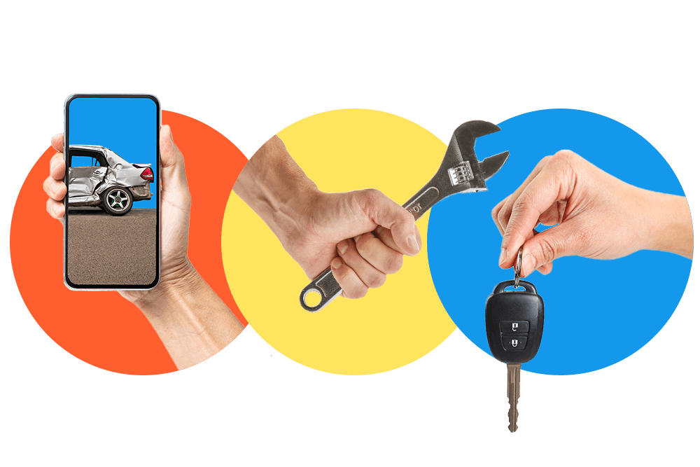Drei Hände, die jeweils ein Handy, einen Schraubschlüssel und einen Autoschlüssel halten