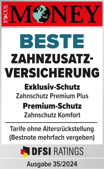 Fokus Money Siegel in der Kategorie Beste Zahnzusatzversicherung für die Tarife Premium Plus und Komfort