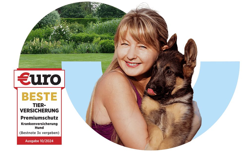€uro-Magazin Siegel: Beste Tierversicherung für den Premiumschutz der DA Direkt Hundekrankenversicherung neben einer glücklichen jungen Frau mit Schäferhundwelpe im Arm