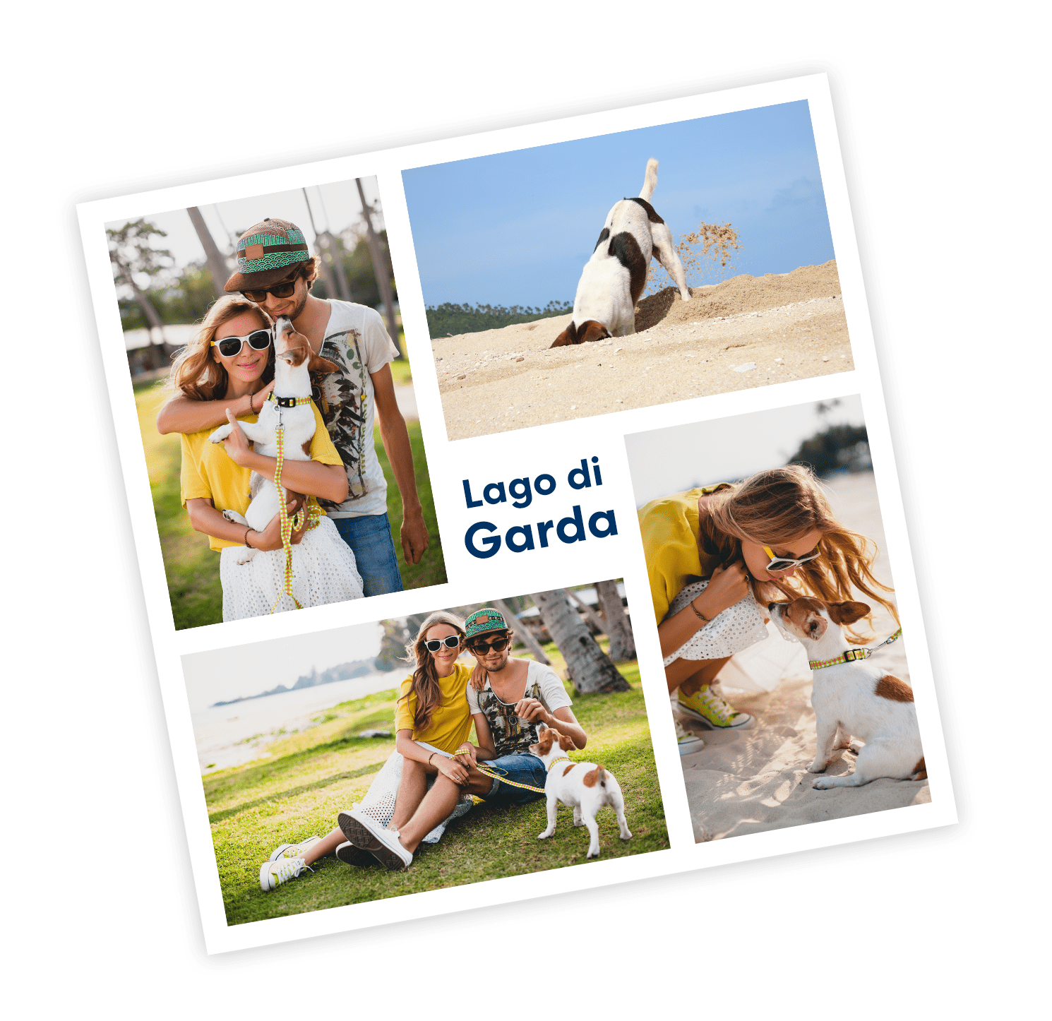 Foto Collage mit einer Frau, einem Mann und einem Hund im Urlaub am Lago di Garda