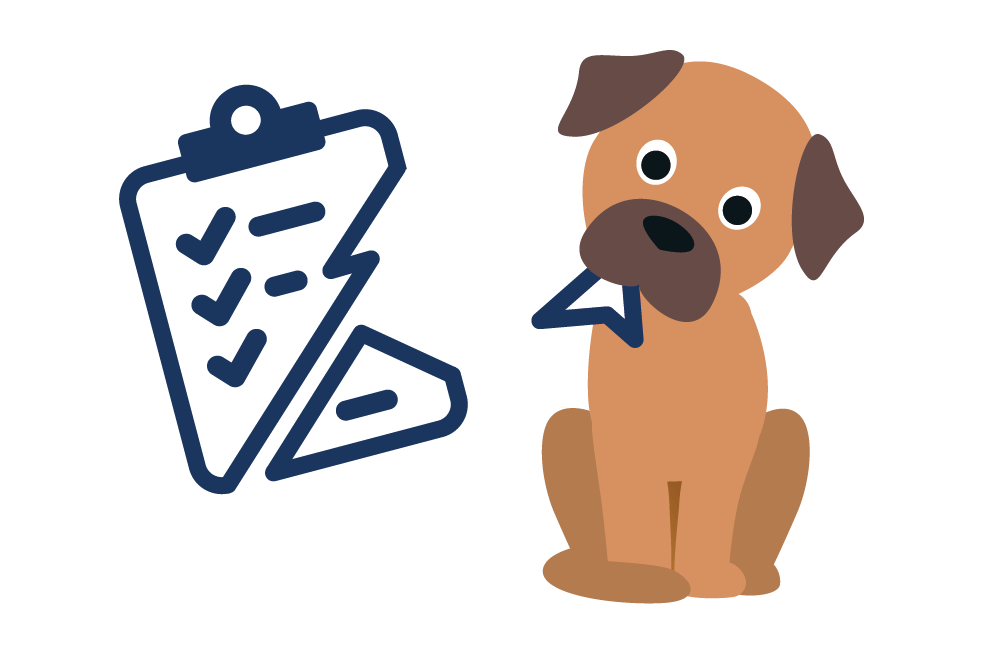 Kleiner Hund hält Papierfetzen von Checkliste im Maul