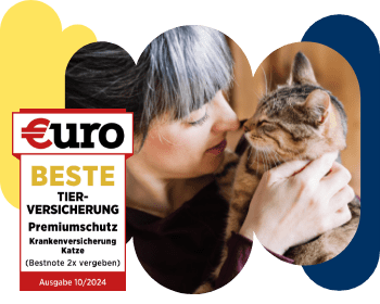 €uro-Magazin Siegel: Beste Tierversicherung für den Premiumschutz der DA Direkt Katzenkrankenversicherung neben einer Frau, die ihre Katze in den Armen hält