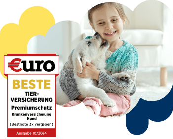 €uro-Magazin Siegel: Beste Tierversicherung für den Premiumschutz der DA Direkt Hundekrankenversicherung neben einem Mädchen, welches mit einem Hund fröhlich spielt