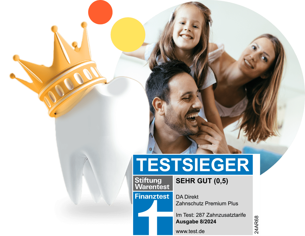 Stiftung Warentest Siegel für den Testsieger mit Note SEHR GUT für die DA Direkt Zahnzusatzversicherung zum fünften Mal in Folge 08/2024 neben einem lachenden Elternpaar mit Tochter und einem Backenzahn mit Krone