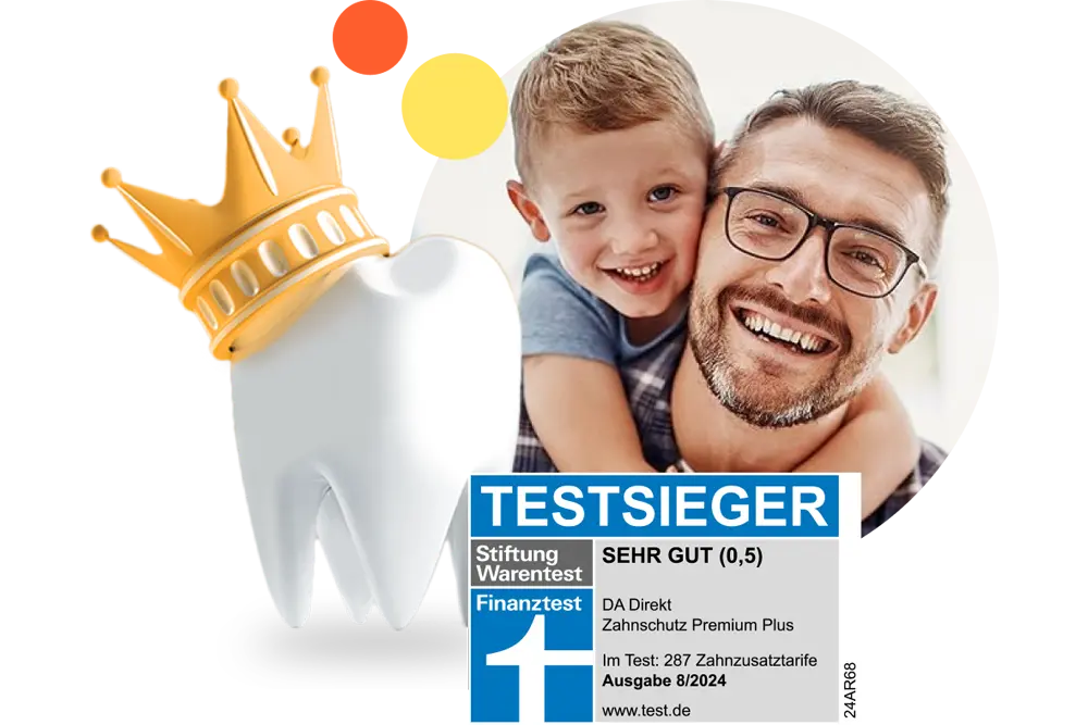 Stiftung Warentest Siegel für den Testsieger mit Note SEHR GUT für die DA Direkt Zahnzusatzversicherung zum fünften Mal in Folge 08/2024 neben einem Vater mit Sohn und einem Backenzahn mit Krone