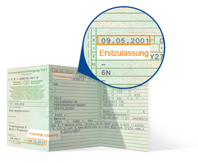 Foto von einem Fahrzeugschein mit der hervorgehobenen Erstzulassung