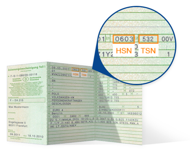 Foto von einem Fahrzeugschein mit der hervorgehobenen HSN und TSN