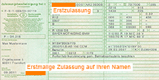Foto von einem Fahrzeugschein mit der hervorgehobenen Erstzulassung und erstmalige Zulassung