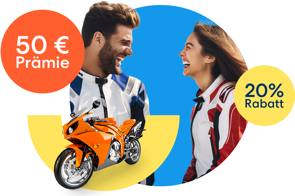 Ein lachendes Paar neben einem orangen Motorrad, einem orangen 50 € Prämie Störer und einem gelben 20 % Rabatt Störer