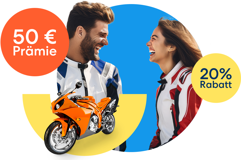 Ein lachendes Paar neben einem orangen Motorrad, einem orangen 50 € Prämie Störer und einem gelben 20 % Rabatt Störer