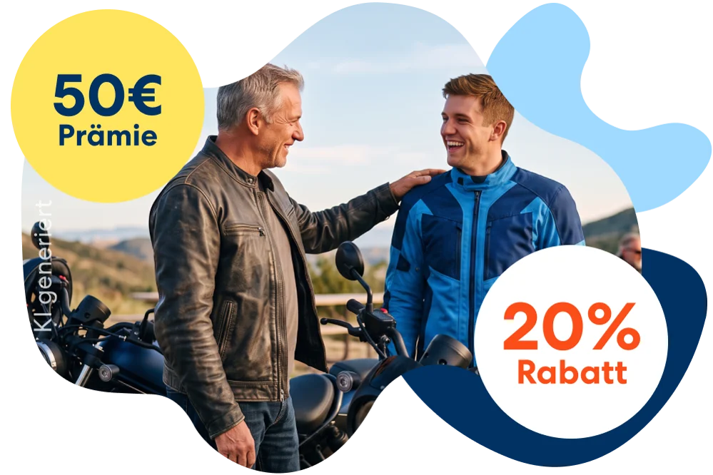 Ein lachendes Paar neben einem orangen Motorrad, einem orangen 50 € Prämie Störer und einem gelben 20 % Rabatt Störer