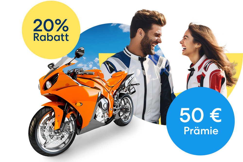 Ein lachendes Paar neben einem orangen Motorrad, einem blauen 50 € Prämie Störer und einem gelben 20 % Rabatt Störer