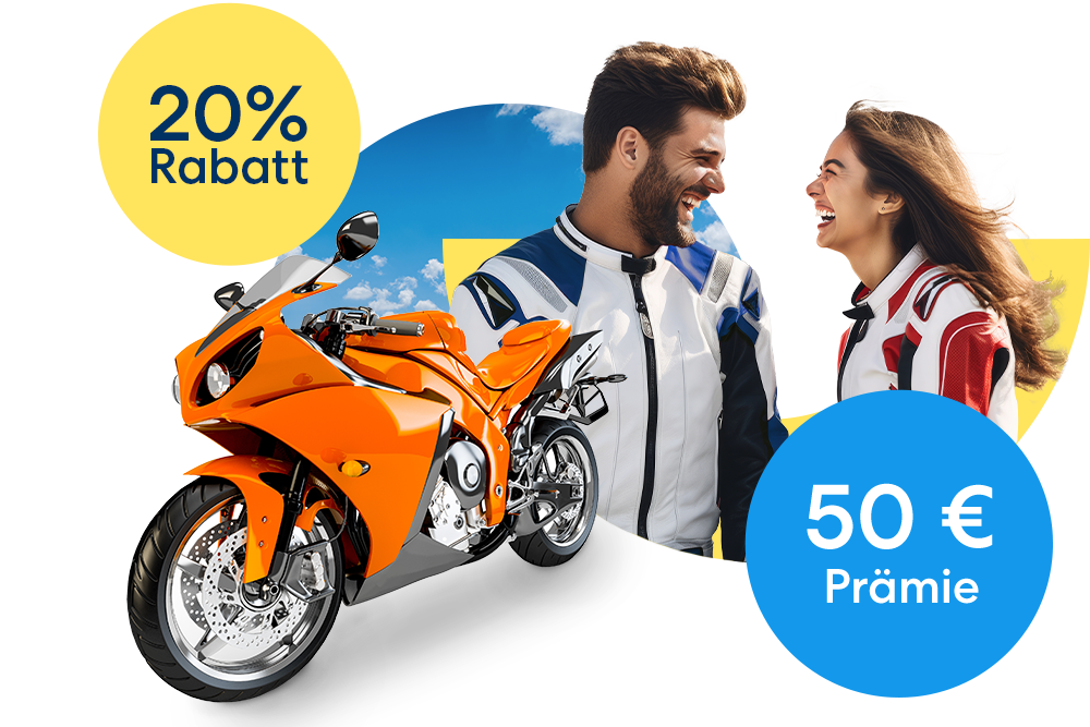 Ein lachendes Paar neben einem orangen Motorrad, einem blauen 50 € Prämie Störer und einem gelben 20 % Rabatt Störer