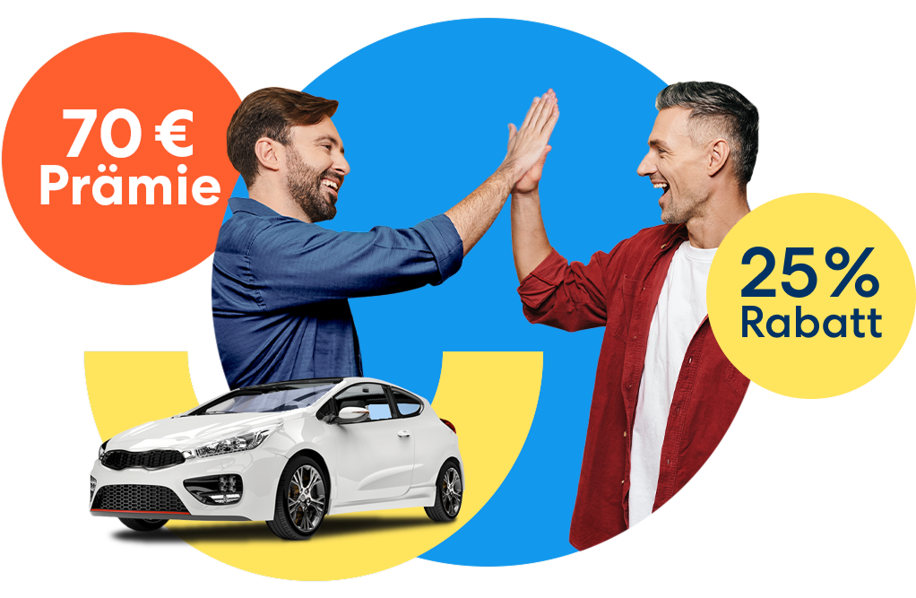 Zwei Männer, die sich abklatschen neben einem weißen Auto und einem orangen 70 € Prämie Störer und einem gelben 25 % Rabatt Störer