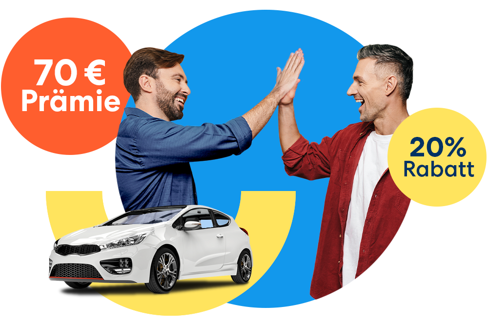 Zwei Männer, die sich abklatschen neben einem weißen Auto und einem orangen 70 € Prämie Störer und einem gelben 20 % Rabatt Störer