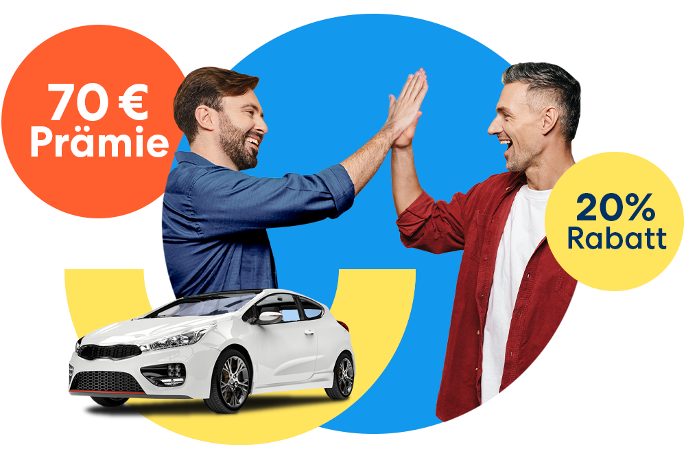 Zwei Männer, die sich abklatschen neben einem weißen Auto und einem orangen 70 € Prämie Störer und einem gelben 20 % Rabatt Störer