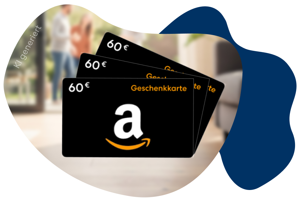 Drei 60 Euro Geschenkkarten sind im Vordergrund zu sehen. Im Hintergrund sind zwei Personen zu sehen.