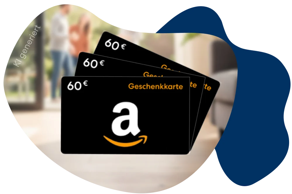 Drei 60 Euro Geschenkkarten sind im Vordergrund zu sehen. Im Hintergrund sind zwei Personen zu sehen.