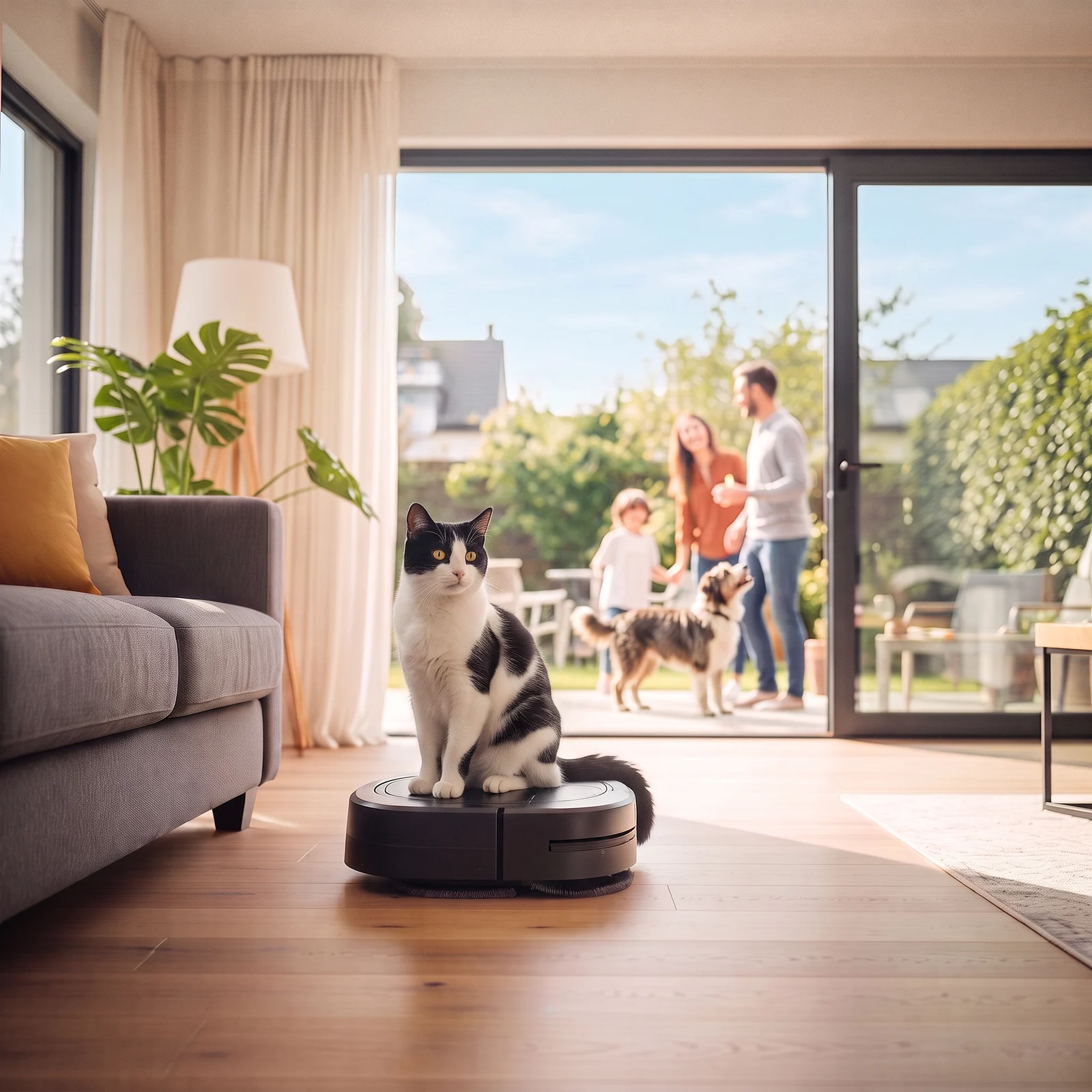 Eine Katze sitzt auf einem Staubsaugerroboter. Im Hintergrund ist eine Familie mit ihrem Hund zu sehen.