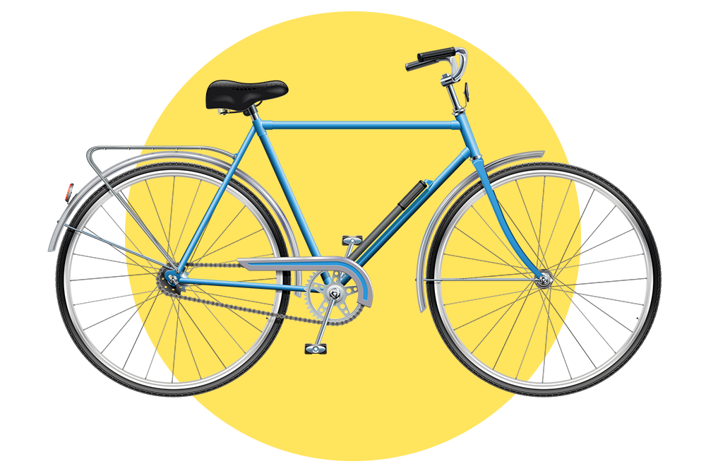 Ein blaues Herrenrad vor einem gelben Kreis