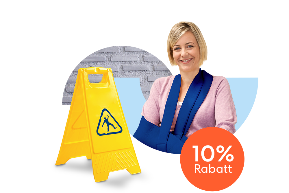 Lächelnde Dame mit einem gebrochenen Arm und einer Armschlinge neben einem "Vorsicht glatt" Warnschild und einem orangen 10 % Rabatt Störer