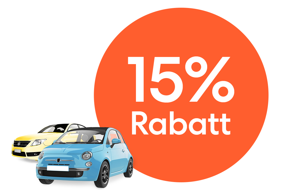 Ein gelber Wagen und ein blauer Kleinwagen neben einem orangen 15 % Rabatt Störer