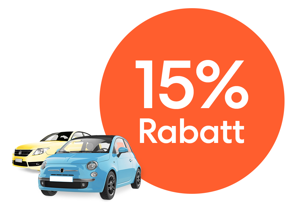 Ein gelber Wagen und ein blauer Kleinwagen neben einem orangen 15 % Rabatt Störer