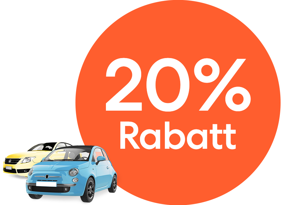 Ein gelber Wagen und ein blauer Kleinwagen neben einem orangen 20 % Rabatt Störer