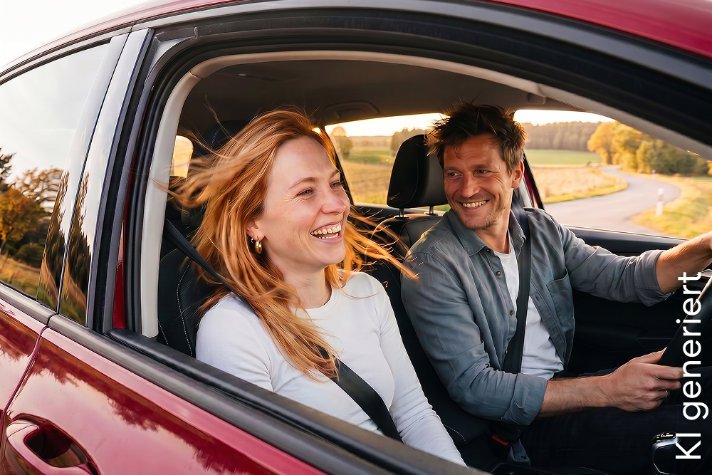 Ein junges Paar sitzt im Auto und lacht | DA Direkt Autoversicherung