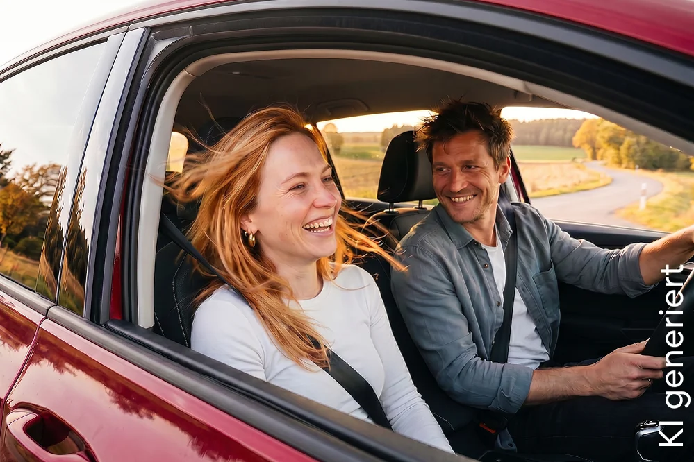 Ein junges Paar sitzt im Auto und lacht | DA Direkt Autoversicherung
