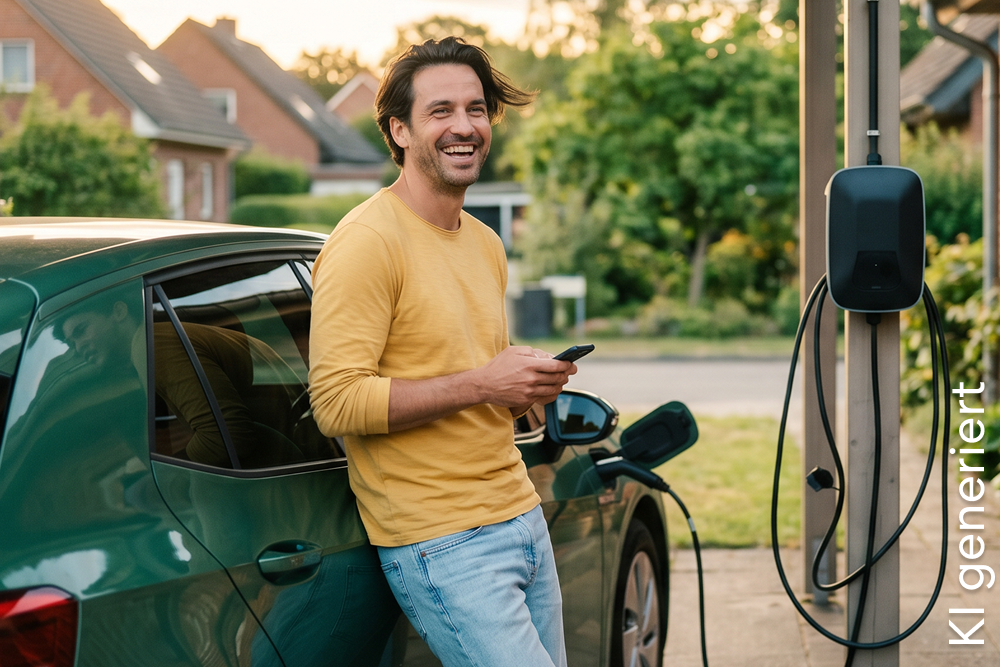 Ein lächelnder Mann steht an sein Elektroauto gelehnt, während es lädt | DA Direkt E-Auto-Versicherung