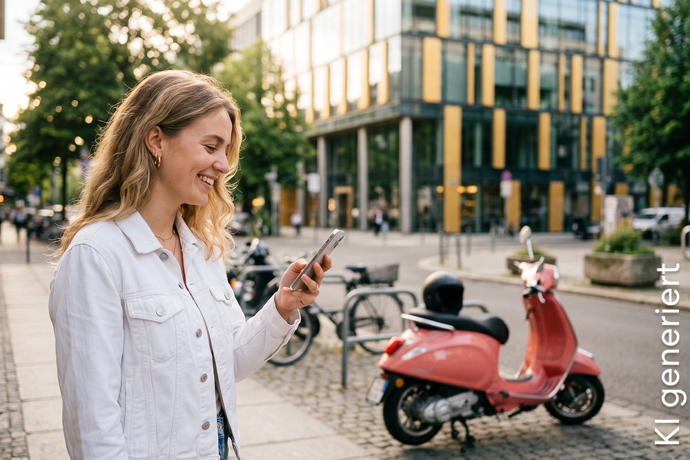 Eine junge Frau steht neben ihrem Roller und schaut aufs Handy | DA Direkt Rollerversicherung