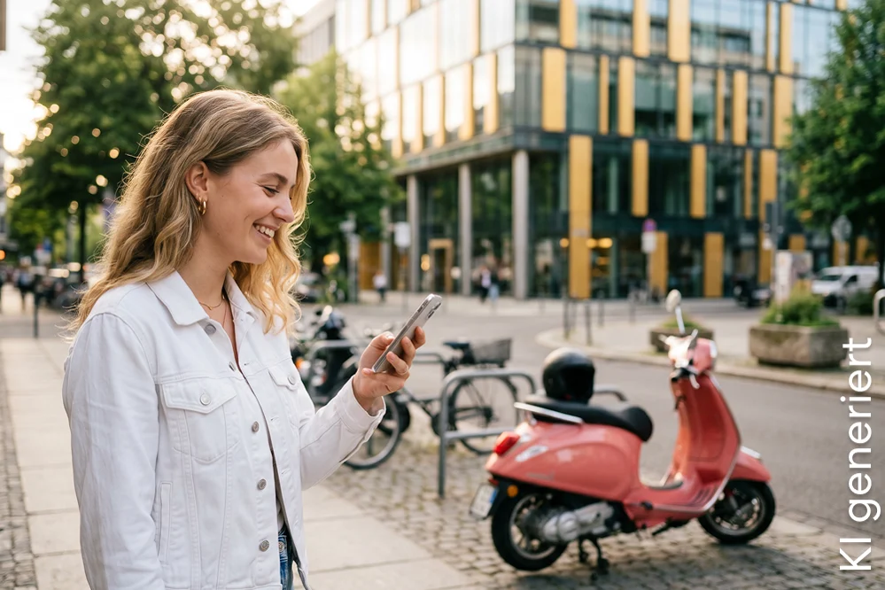 Eine junge Frau steht neben ihrem Roller und schaut aufs Handy | DA Direkt Rollerversicherung