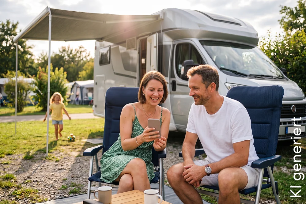 Eine Familie im Camping-Urlaub vor ihrem Wohnmobil | DA Direkt Wohnmobilversicherung