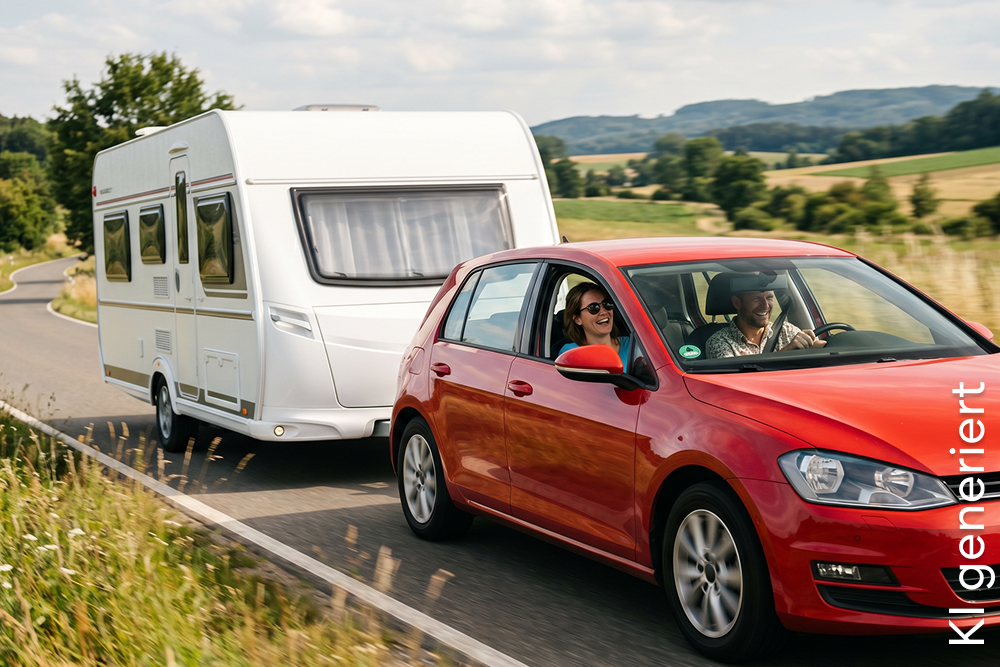Ein Wohnwagen-Gespann auf einer Landstraße | DA Direkt Wohnwagenversicherung