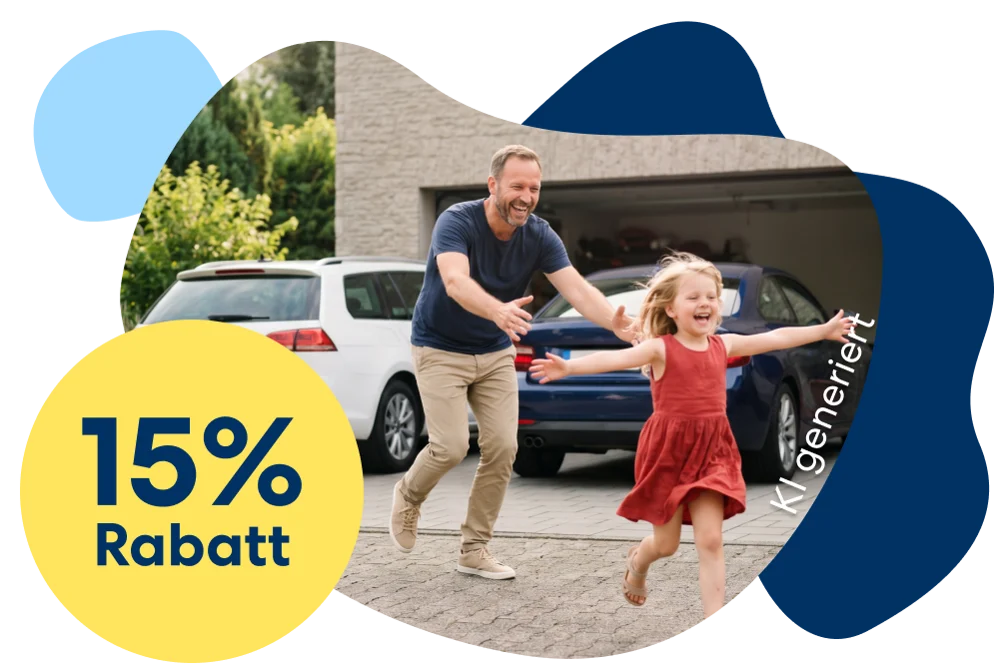 Ein Vater spielt mit seiner Tochter vor der Doppelgarage mit den Familienautos | DA Direkt Zweitwagenversicherung