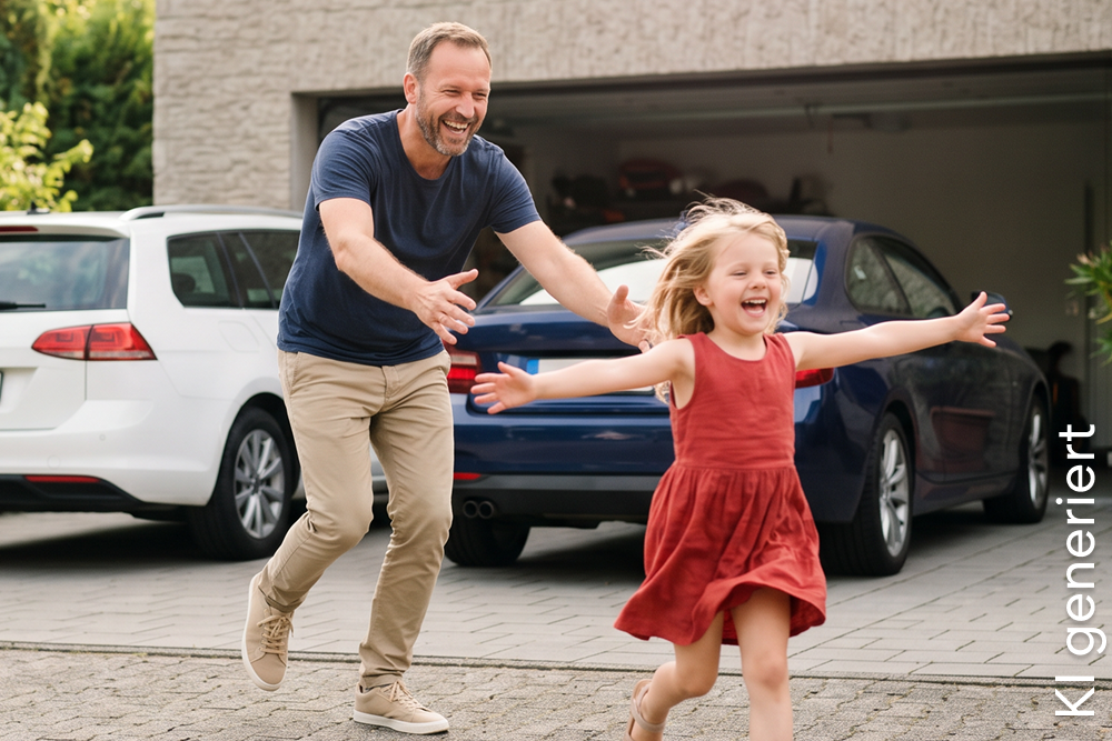 Ein Vater spielt mit seiner Tochter vor der Doppelgarage mit den Familienautos | DA Direkt Zweitwagenversicherung