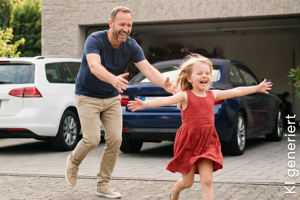 Ein Vater spielt mit seiner Tochter vor der Doppelgarage mit den Familienautos | DA Direkt Zweitwagenversicherung