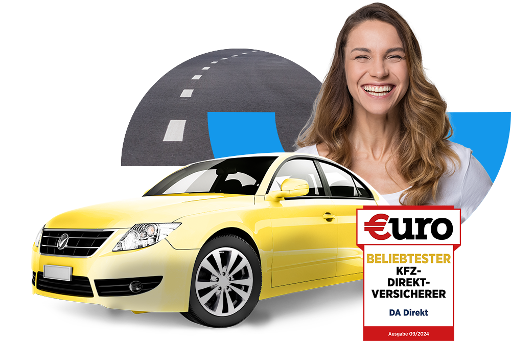 €uro-Magazin Siegel: Beliebtester KFZ-Direkt-Versicherer für die DA Direkt Kfz-Versicherung neben lachender Frau mit gelbem Auto