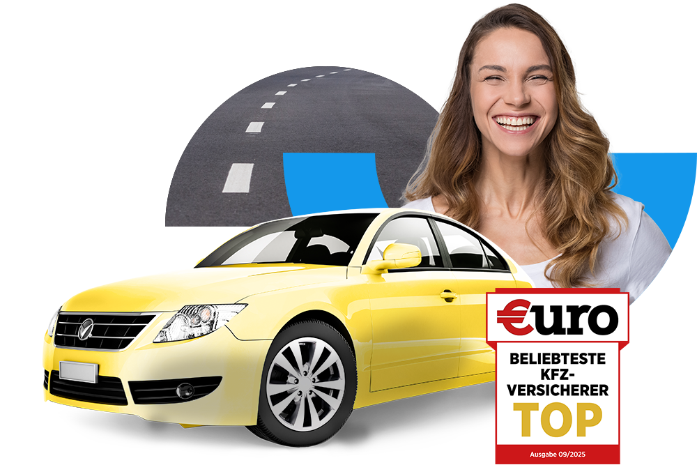 €uro-Magazin Siegel Top-Bewertung: Ausgezeichneter KFZ-Direkt-Versicherer für die DA Direkt Kfz-Versicherung neben lachender Frau mit gelbem Auto
