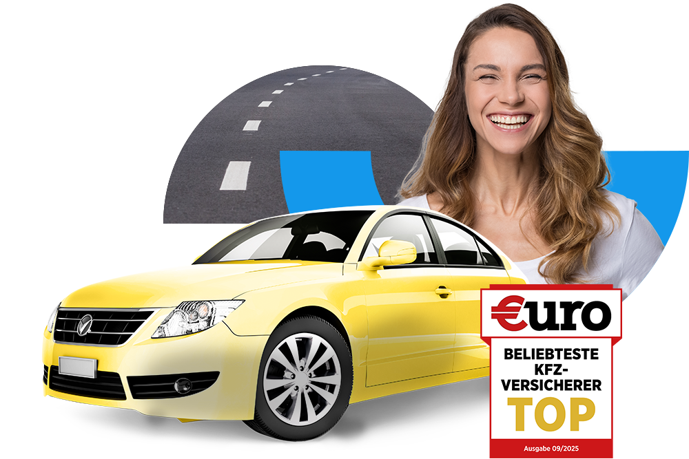 €uro-Magazin Siegel Top-Bewertung: Ausgezeichneter KFZ-Direkt-Versicherer für die DA Direkt Kfz-Versicherung neben lachender Frau mit gelbem Auto
