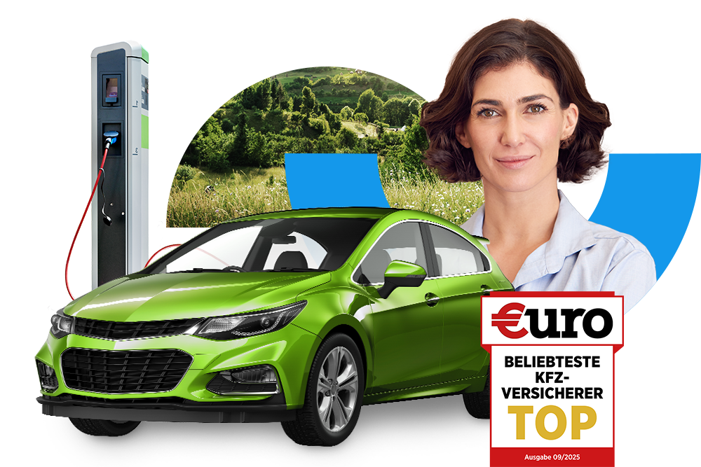 €uro-Magazin Siegel Top-Bewertung: Ausgezeichneter KFZ-Direkt-Versicherer für die DA Direkt Kfz-Versicherung neben lächelnder Frau mit grünem Elektroauto an Ladesäule
