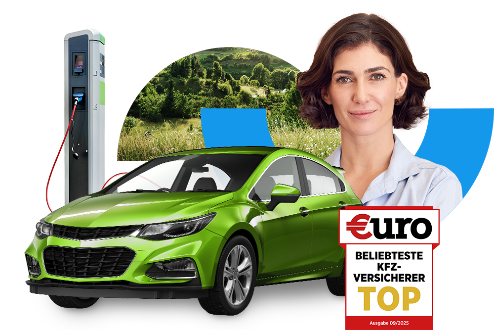 €uro-Magazin Siegel Top-Bewertung: Ausgezeichneter KFZ-Direkt-Versicherer für die DA Direkt Kfz-Versicherung neben lächelnder Frau mit grünem Elektroauto an Ladesäule