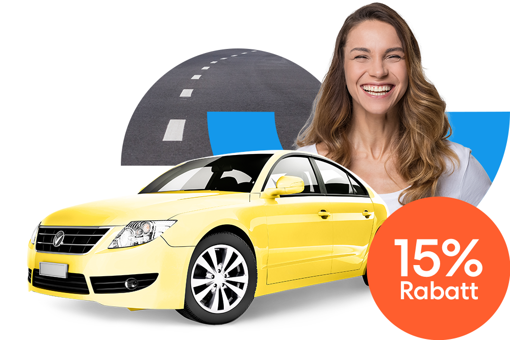 Lachende Frau neben einem gelben Auto und einem orangen 15 % Prozent Rabatt Störer